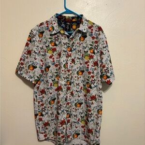 Red and White Casual Button Down Shirt with Floral and Fruit Print